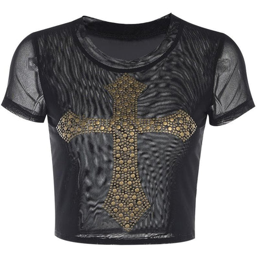 Short sleeve beaded cross pattern sheer mesh see through contrast top