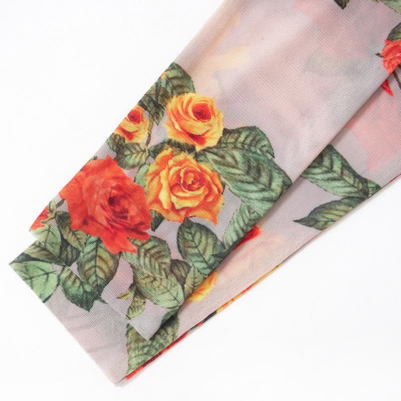 Maxikleid mit langen Ärmeln und transparentem Netzstoff im Kontrastmuster mit Blumenmuster