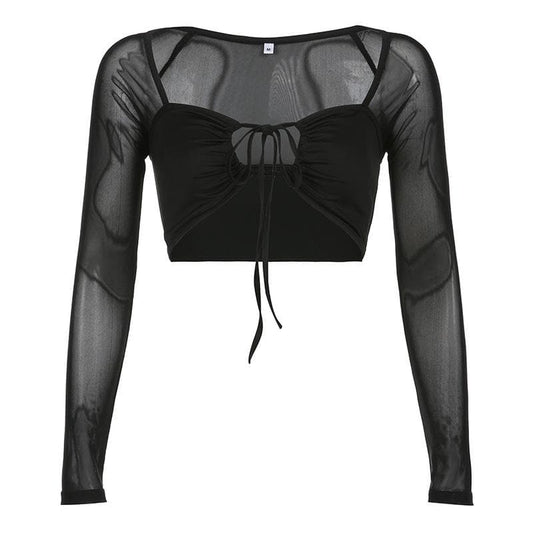 Long sleeve solid mesh hollow out self tie crop top