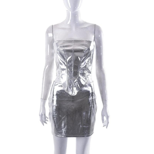 Metallic backless zip-up corset tube mini skirt set