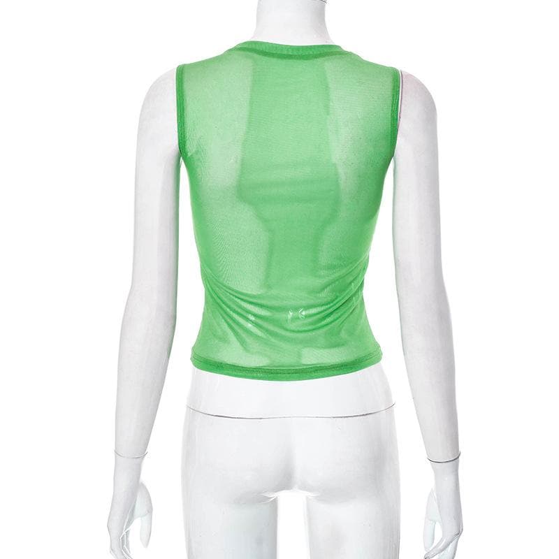 Sheer mesh see through tie dye sleeveless contrast top