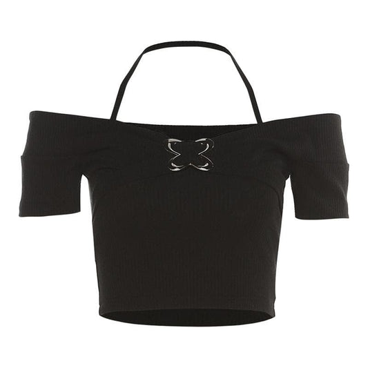 Off shoulder halter buckle short sleeve solid crop top