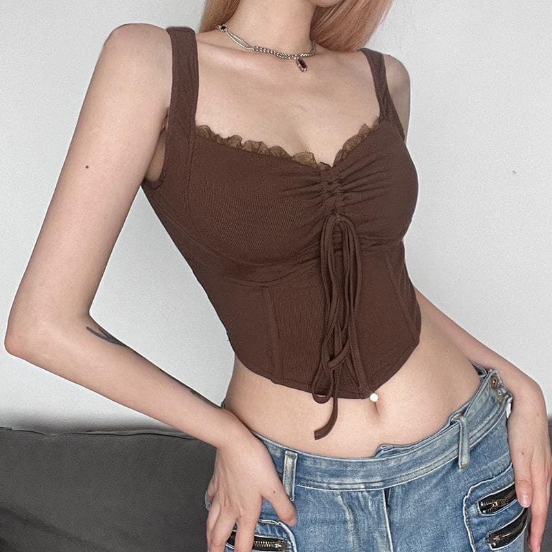 Top corto senza maniche con scollo a V, coulisse e orlo in pizzo