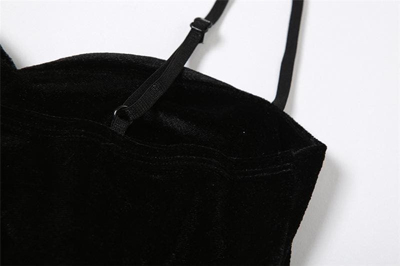 Top corto in velluto tinta unita con corsetto in rete arricciata