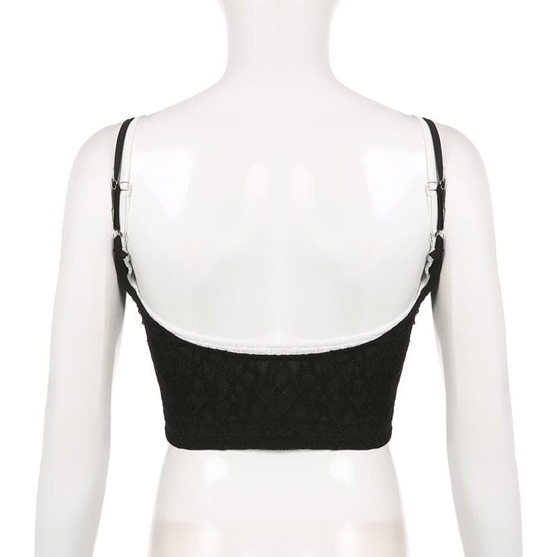 Top corto senza maniche con schiena scoperta e contrasto in pizzo patchwork