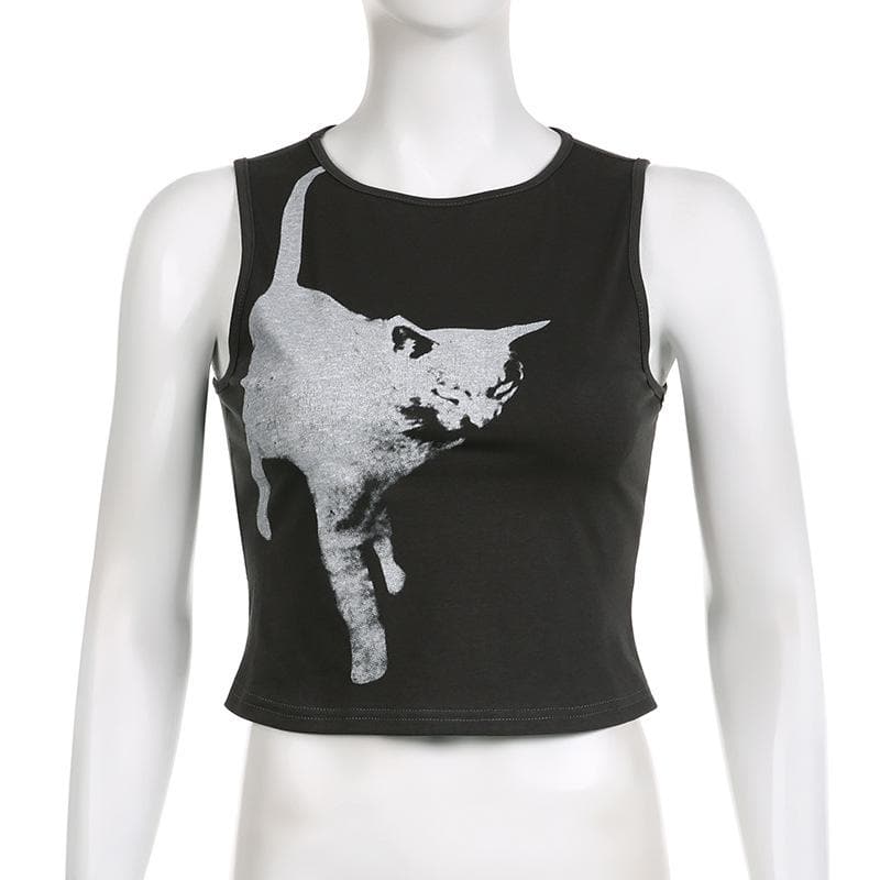 Top girocollo senza maniche a contrasto con motivo a gatto