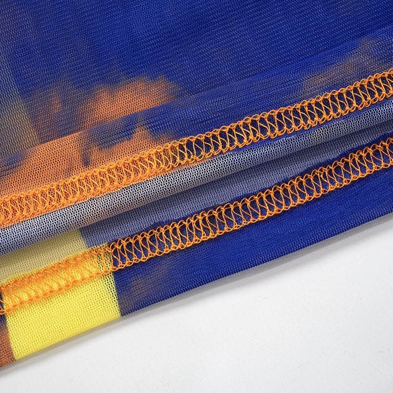 Transparentes Netzstoff-Minikleid mit langen Ärmeln und kontrastierendem Rundhalsausschnitt