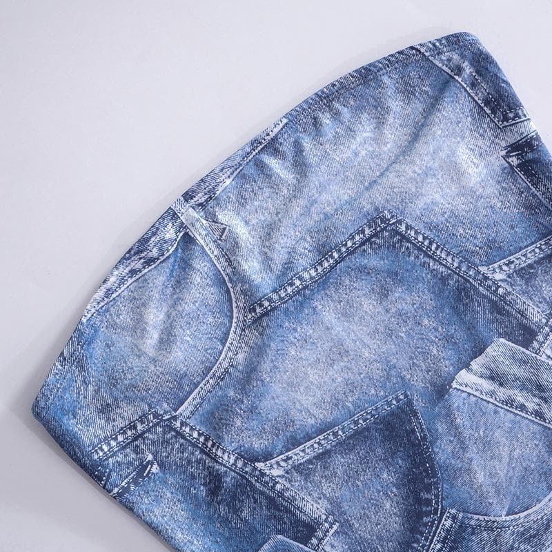 Rückenfreies, ärmelloses Tube-Minikleid mit Jeans-Print und Kontrast