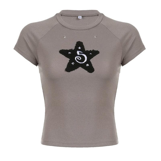 Star embroidery contrast short sleeve crewneck top