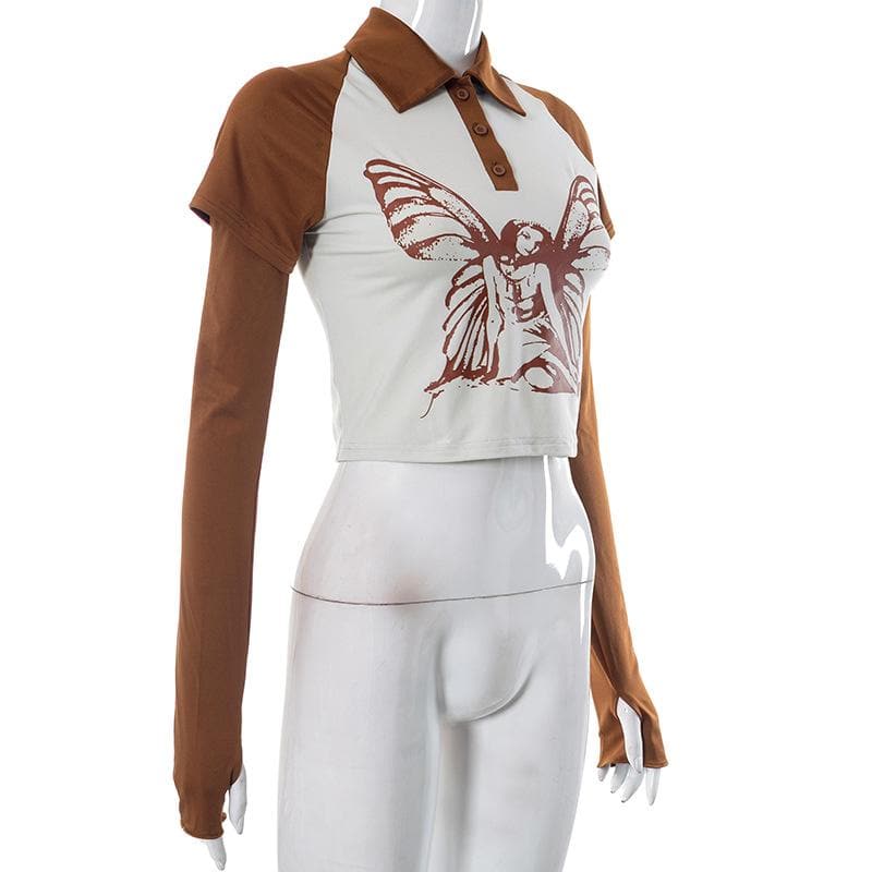 Top corto con colletto rovesciato, maniche corte, bottoni, guanti e patchwork a contrasto