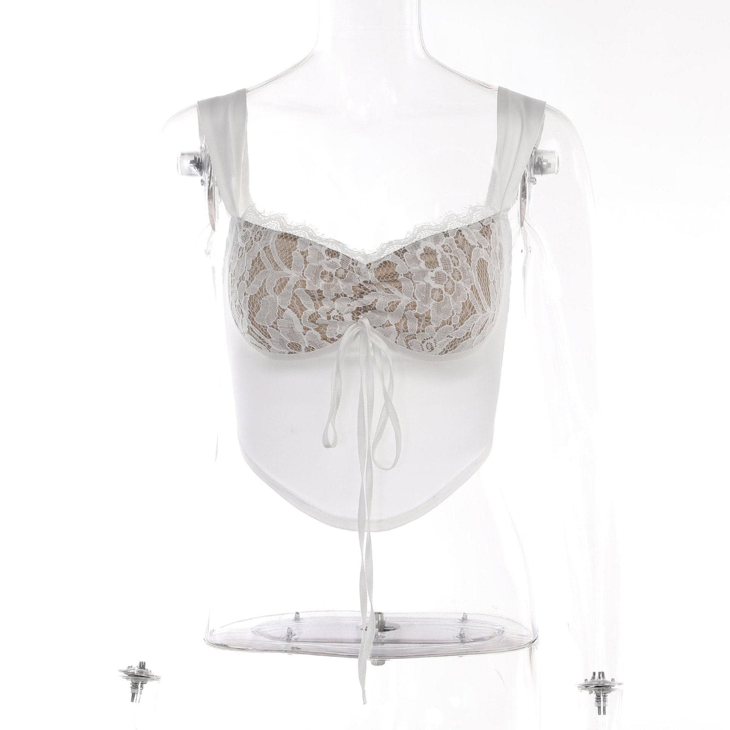Top corto senza maniche con laccetti e inserti in pizzo patchwork