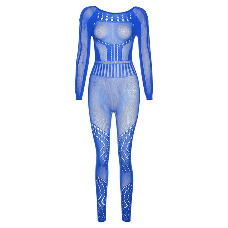 Fishnet long sleeve hollow out backless solid see through jumpsuit