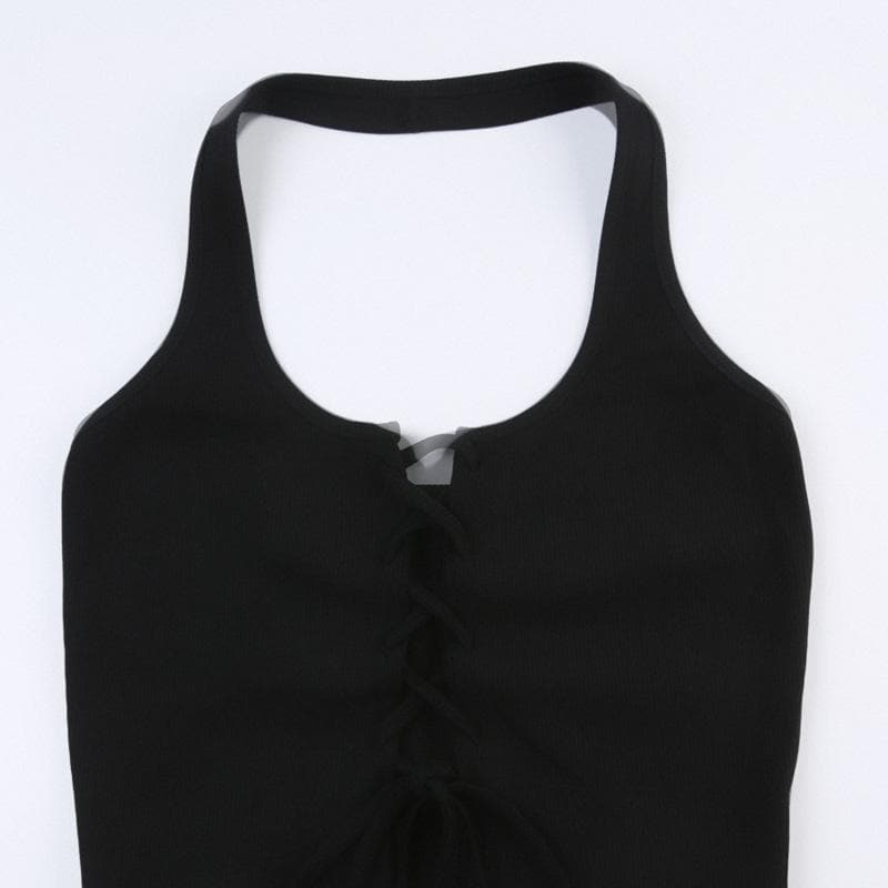 Top corto con schiena scoperta e lacci a patchwork a contrasto