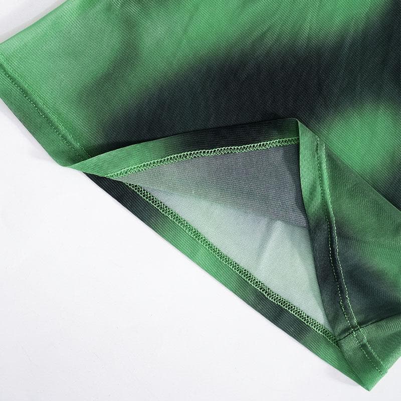 Maglia a rete trasparente con stampa tie-dye a maniche lunghe e scollo rotondo a contrasto