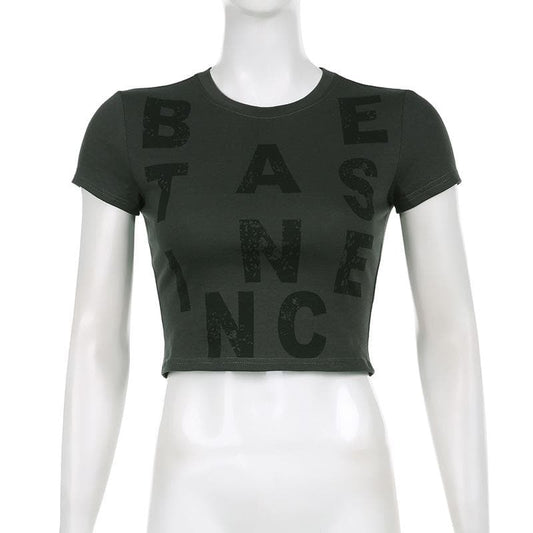 Short sleeve contrast print crewneck crop top