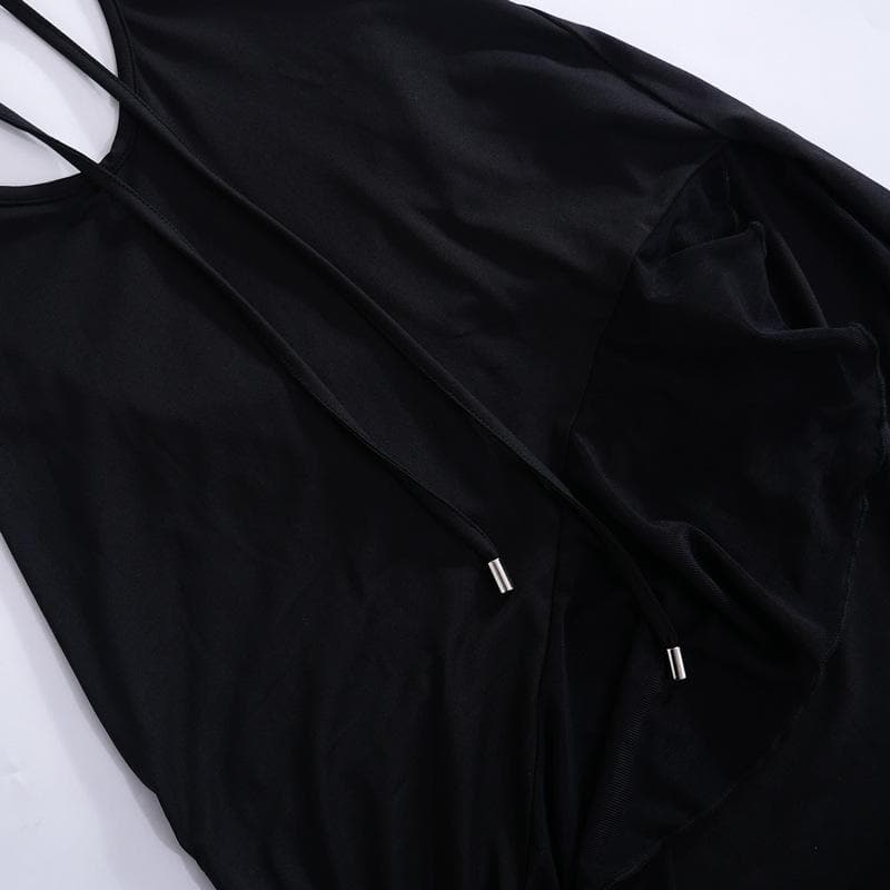 Solid long sleeve hollow out slit ruffle self tie irregular midi dress
