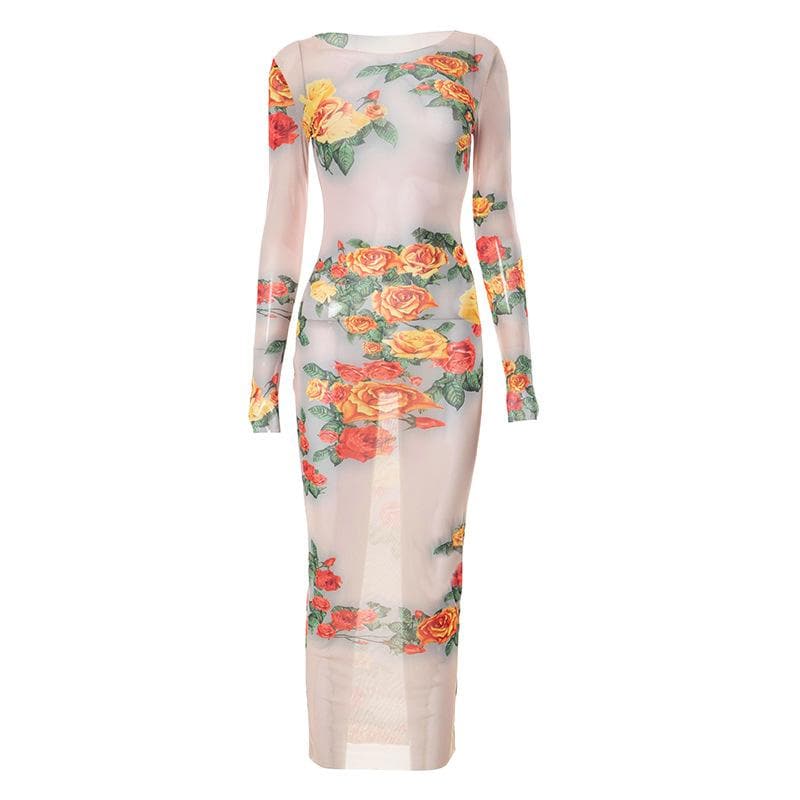 Maxikleid mit langen Ärmeln und transparentem Netzstoff im Kontrastmuster mit Blumenmuster
