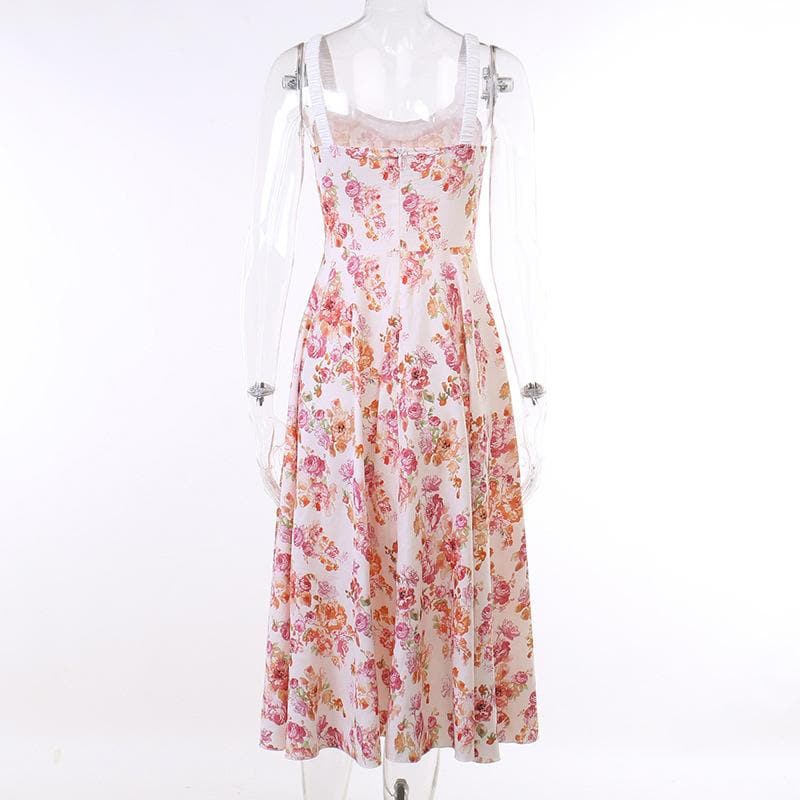 Ärmelloses Midikleid mit Blumenmuster, Rüschen und Selbstschnürung, kontrastierendem Schlitz und Reißverschluss