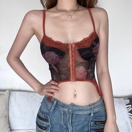 Backless u neck button mesh lace hem flower print cami crop top
