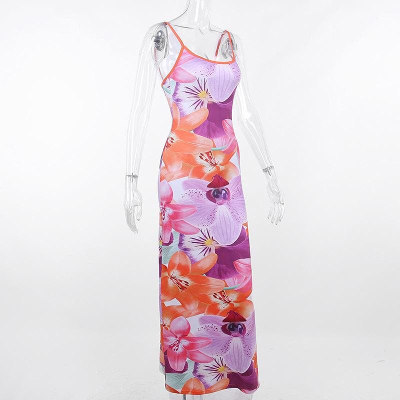 Rückenfreies Maxikleid mit Camisole-Ausschnitt und Blumenmuster in Kontrastfarbe