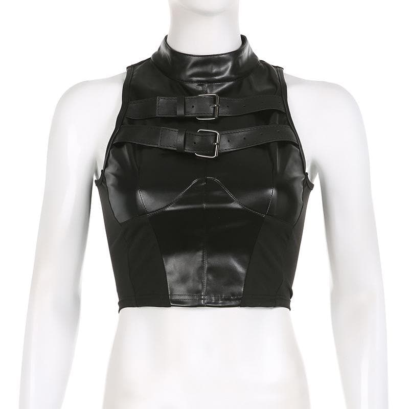 Top corto in similpelle con bottoni patchwork senza maniche e fibbia