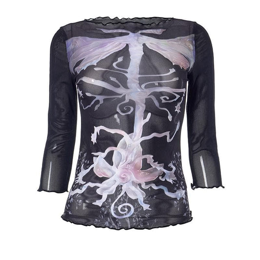 Long sleeve abstract ruffle sheer mesh see through top