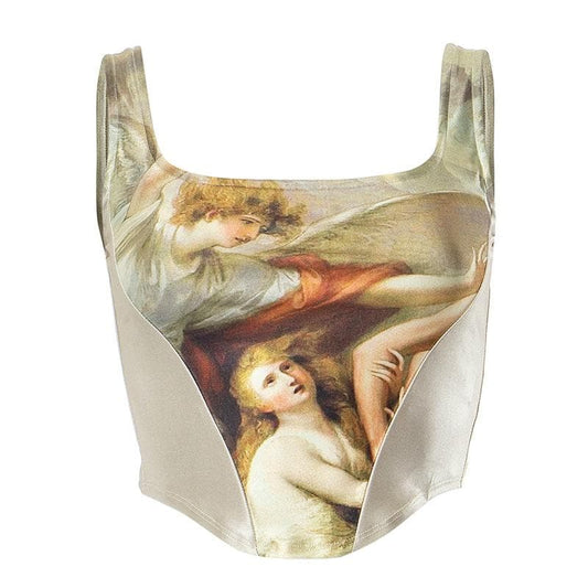 Ärmelloses, rückenfreies Crop-Top mit abstraktem Druck und quadratischem Ausschnitt und Kontrast