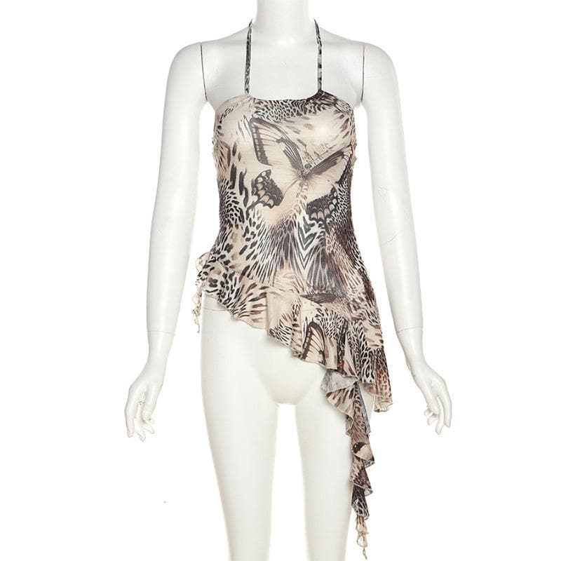 Top corto con scollo all'americana irregolare in rete trasparente con motivo a farfalla