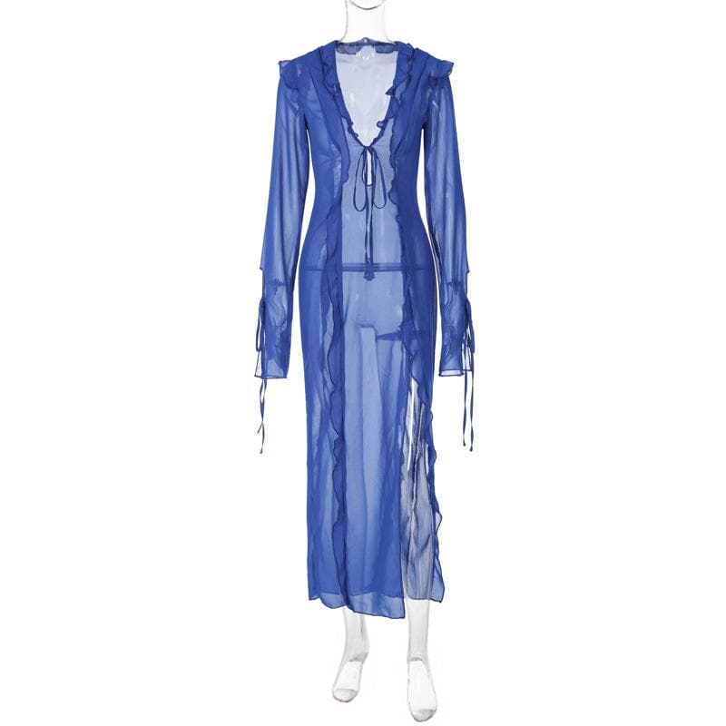 Durchsichtiges, langärmliges Maxikleid aus Chiffon mit V-Ausschnitt und Schlitz zum Selbstbinden