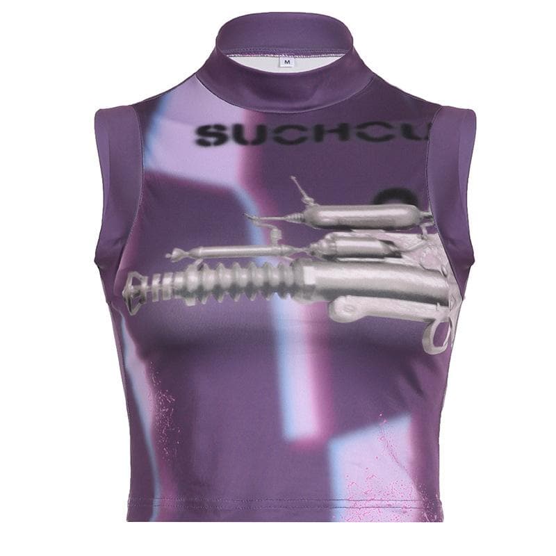 Top corto senza maniche con collo alto e stampa astratta a contrasto