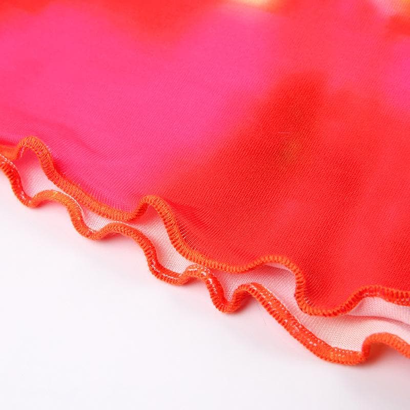 Halter self tie hollow out ruched drawstring knotted tie dye mini skirt set