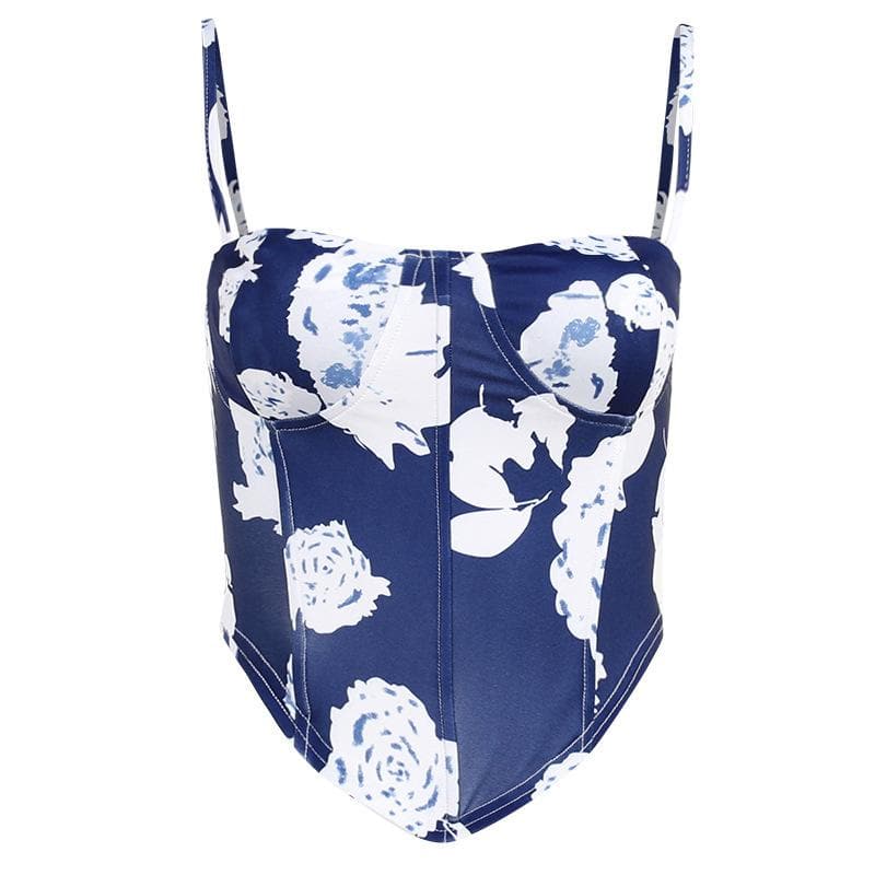 Top canotta con cuciture a corsetto e scollo quadrato a contrasto con stampa floreale