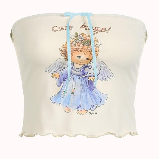 Top corto a tubino con volant e schiena scoperta a contrasto con motivo ad angelo