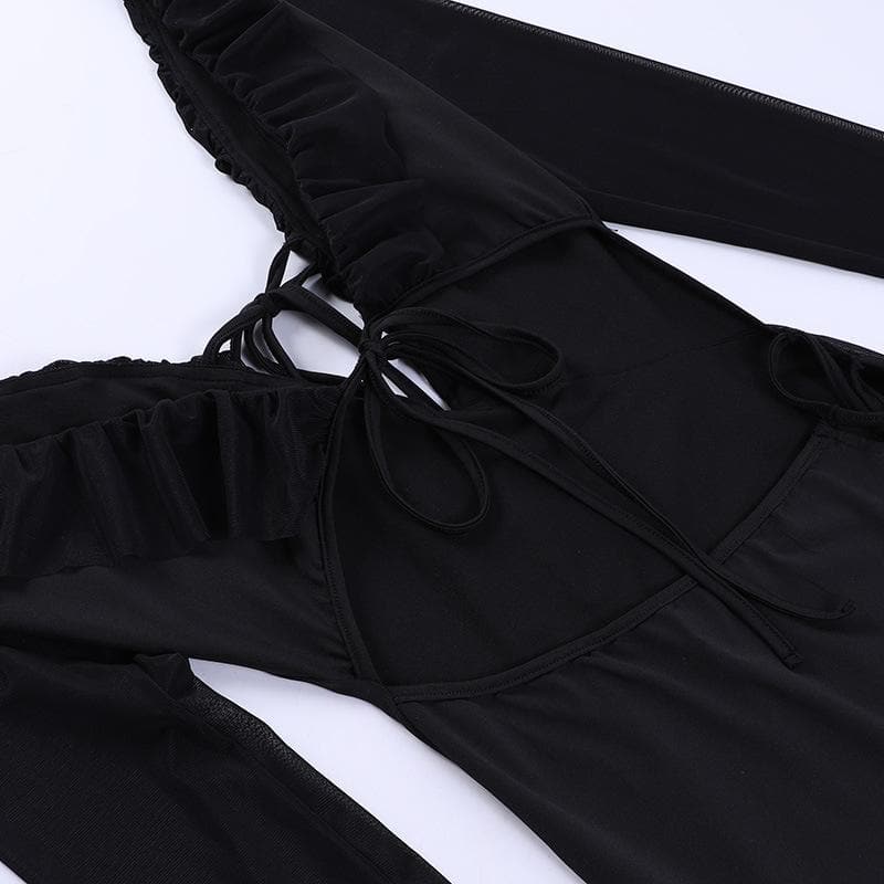 Langärmliges Minikleid mit Schnürung, ausgehöhltem, tiefem Ausschnitt und unregelmäßiger Schnürung