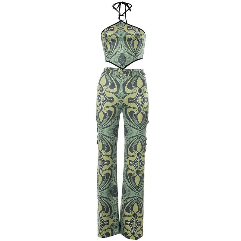 Halter o ring hollow out backless contrast print pant set