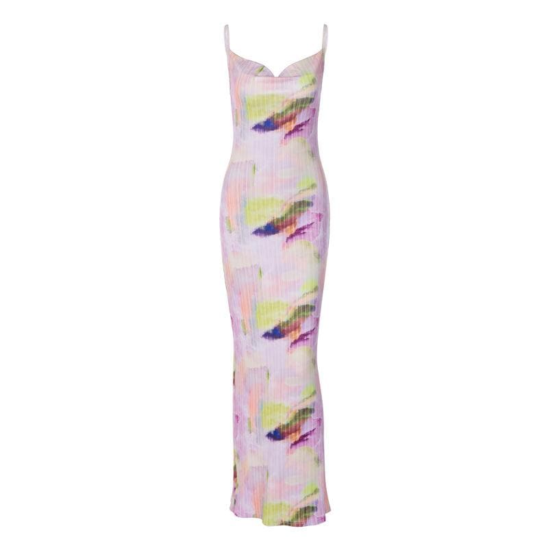 Rückenfreies Maxikleid mit Wasserfallausschnitt, V-Ausschnitt und Kontrastdruck