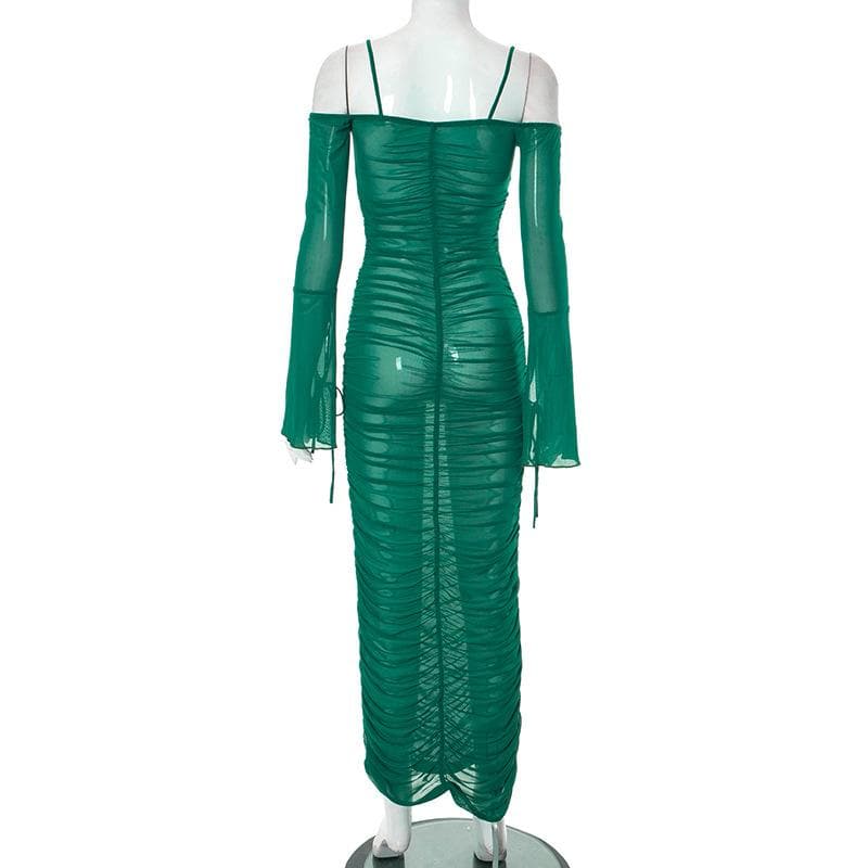 Schulterfreies, durchsichtiges Maxikleid aus transparentem Netzstoff mit Rüschen und Selbstschnürung