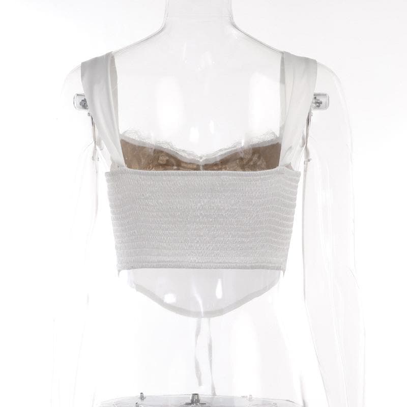 Top corto senza maniche con laccetti e inserti in pizzo patchwork