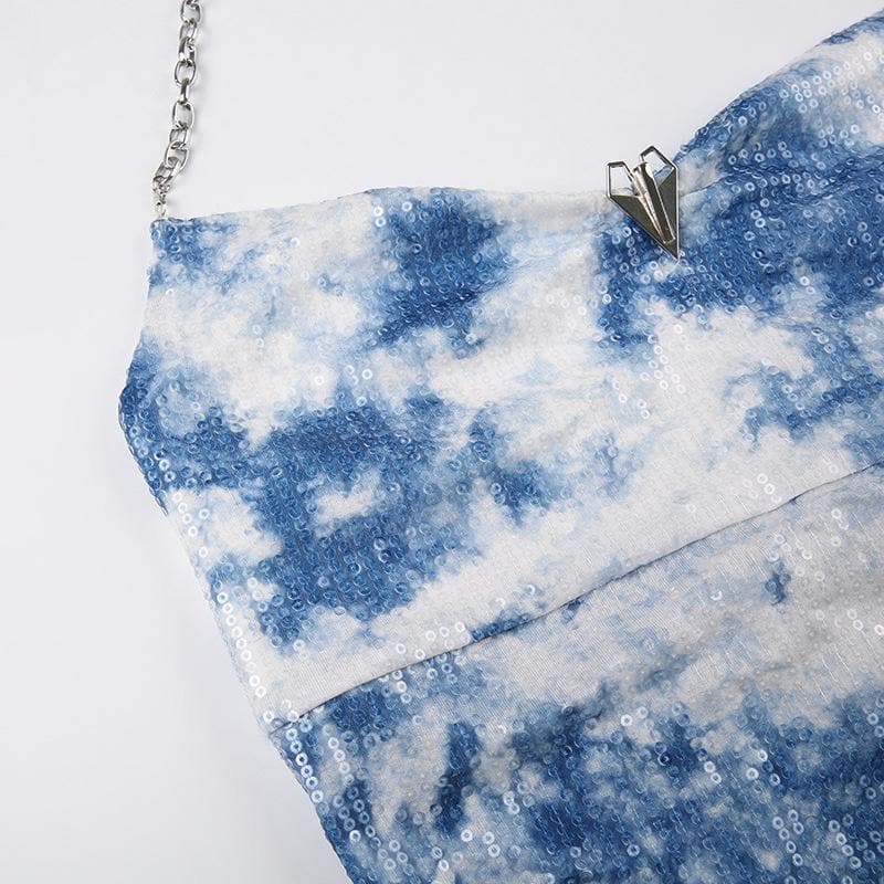 Top corto tie-dye con schiena scoperta e catena in metallo glitterato
