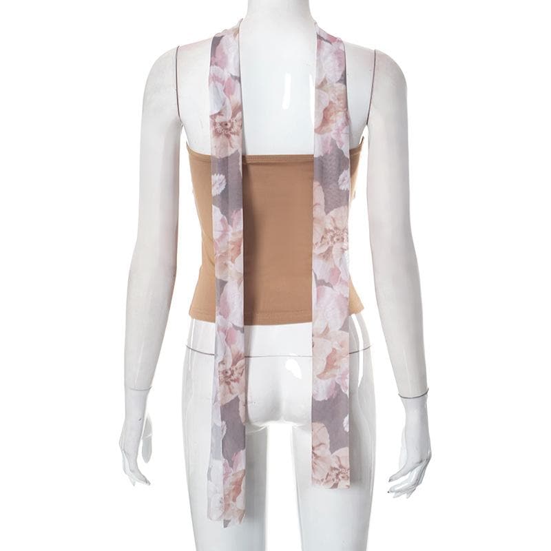 Top a tubino con schiena scoperta e arricciature a contrasto con stampa patchwork floreale