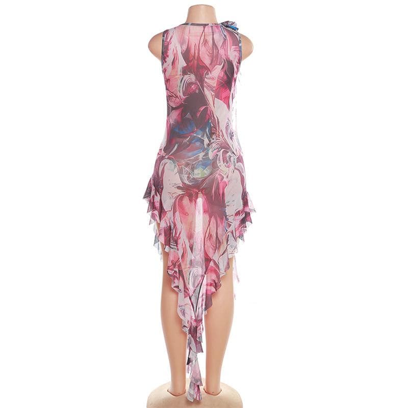 Ärmelloses Maxikleid aus transparentem Netzstoff mit abstraktem Druck und kontrastierenden Rüschen