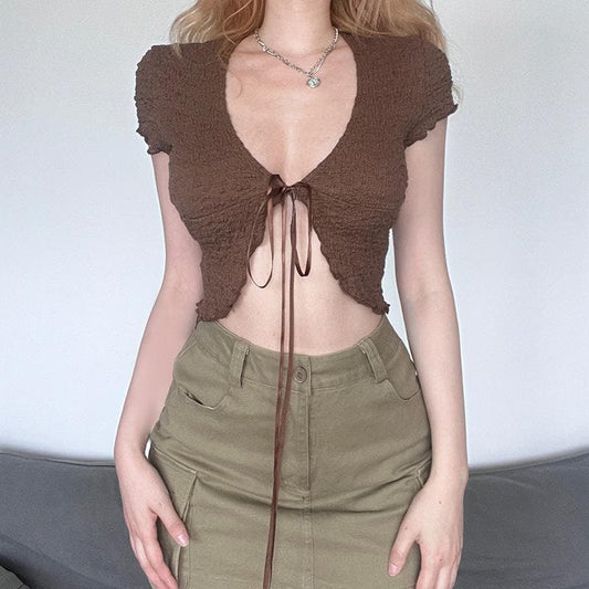 Ruffle self tie low cut textured short sleeve crop top