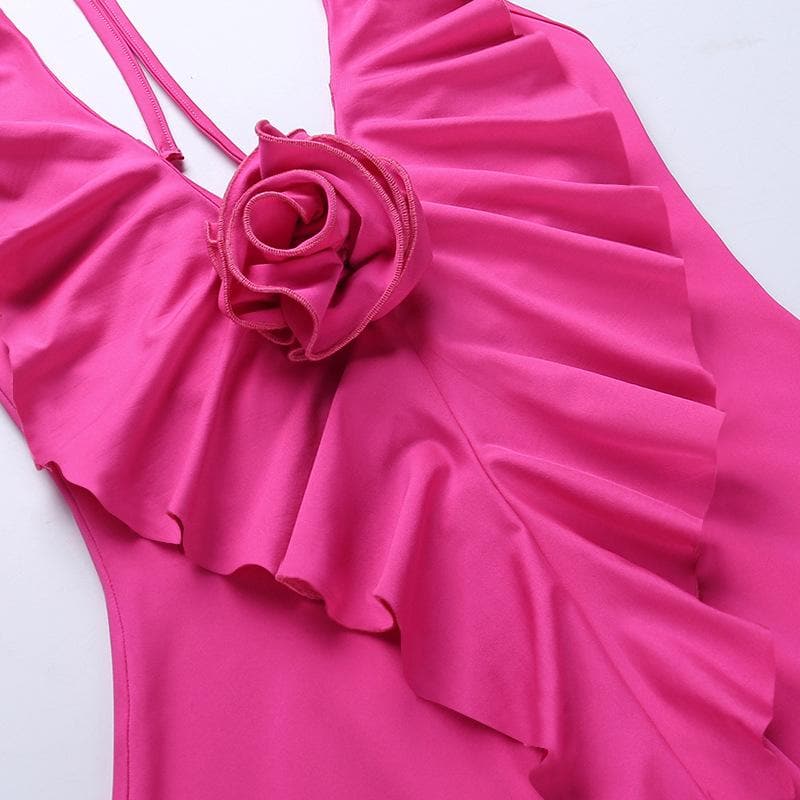 Neckholder-Minikleid mit Blumenapplikation und rückenfreiem Rüschen-U-Ausschnitt