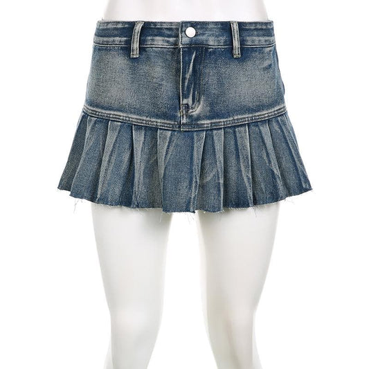 Pleated low rise raw hem A line denim mini skirt