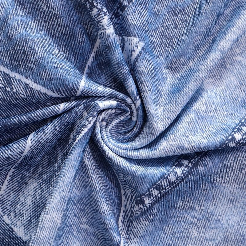 Rückenfreies, ärmelloses Tube-Minikleid mit Jeans-Print und Kontrast