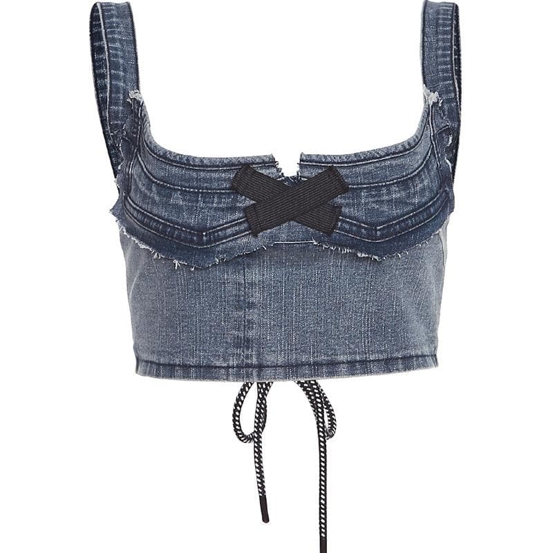 Top corto in denim senza maniche con lacci e orlo grezzo a contrasto