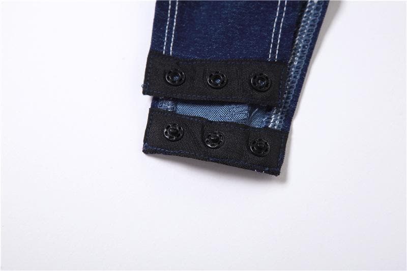 Body in denim con scollo a V, schiena scoperta e cerniera