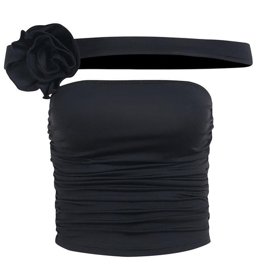 Sleeveless solid off shoulder flower applique ruched tube top - Final Sale