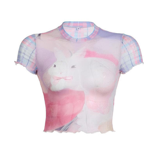 Short sleeve plaid sheer mesh see through rabbit pattern ruffle top