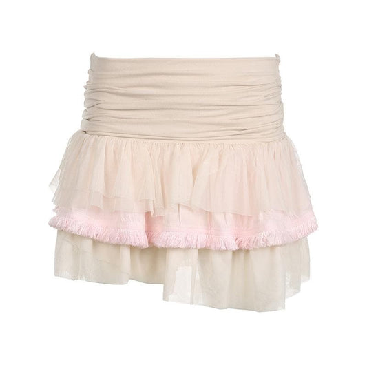 Ruched ruffle contrast patchwork mesh mini skirt
